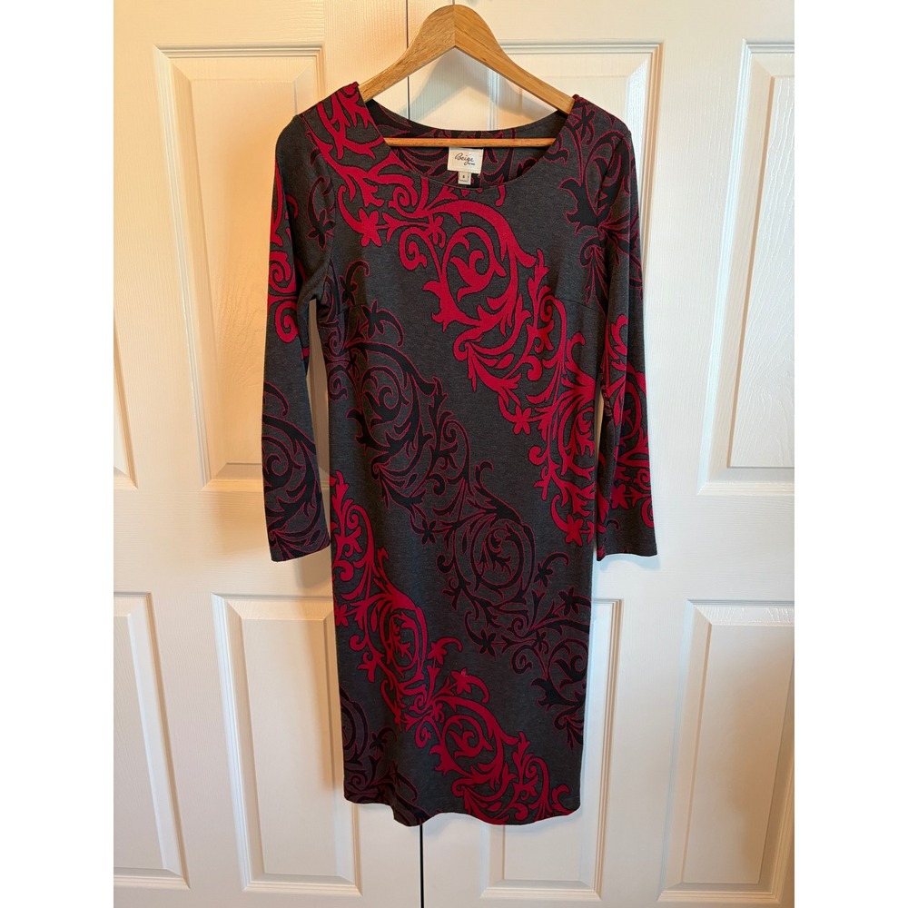 Beige by ECI Womens Red Gray Damask Knit Sheath Dress Size 6 Long Sleeve Midi